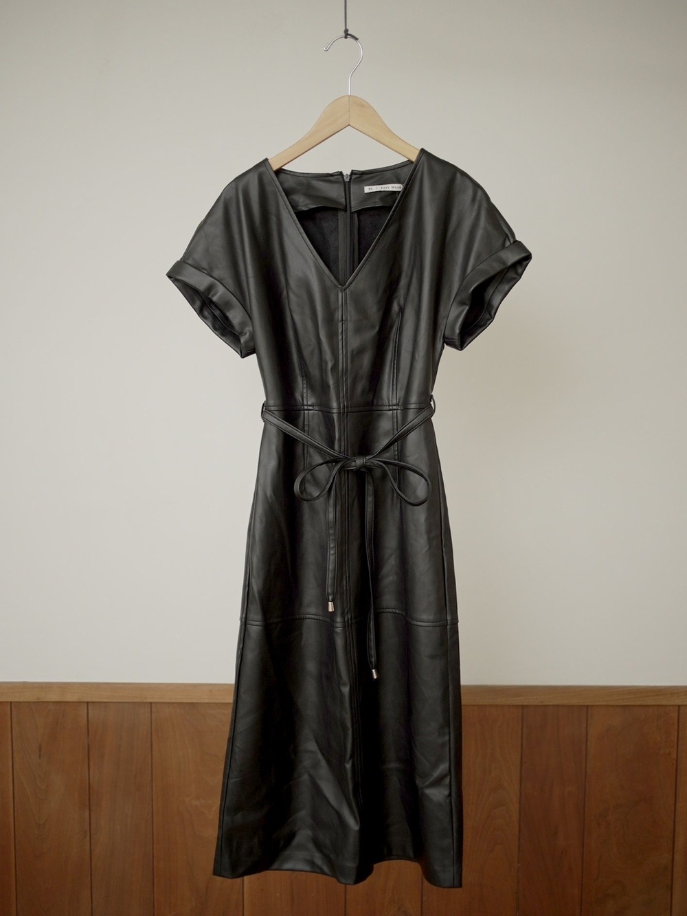 Faux Leather V-Neck Midi Dress with Waist Tie in Black